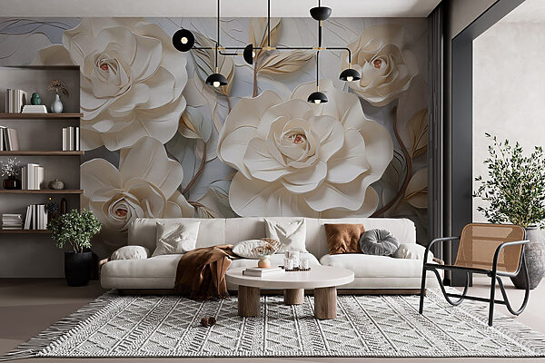 Flores y hojas blancas sobre una superficie blanca Flores y hojas blancas sobre una superficie blanca