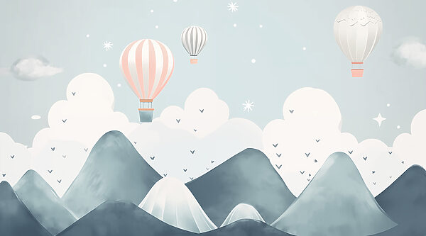 Hot air balloons flying over mountains Hot air balloons flying over mountains