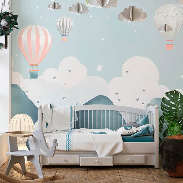 Hot air balloons flying over mountains Hot air balloons flying over mountains