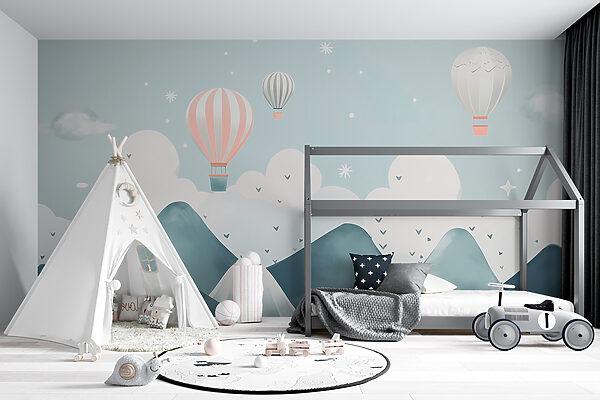 Hot air balloons flying over mountains Hot air balloons flying over mountains