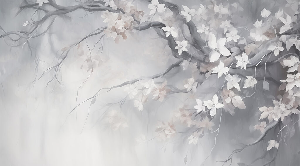 Pintura de un árbol con flores blancas Pintura de un árbol con flores blancas