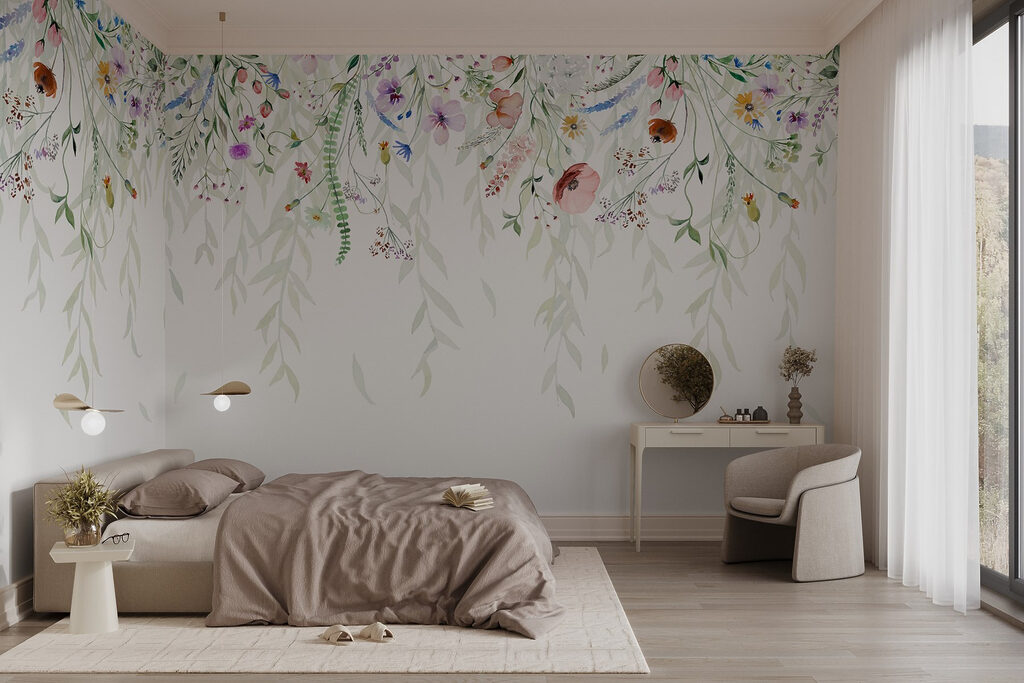Watercolor painting of flowers and leaves