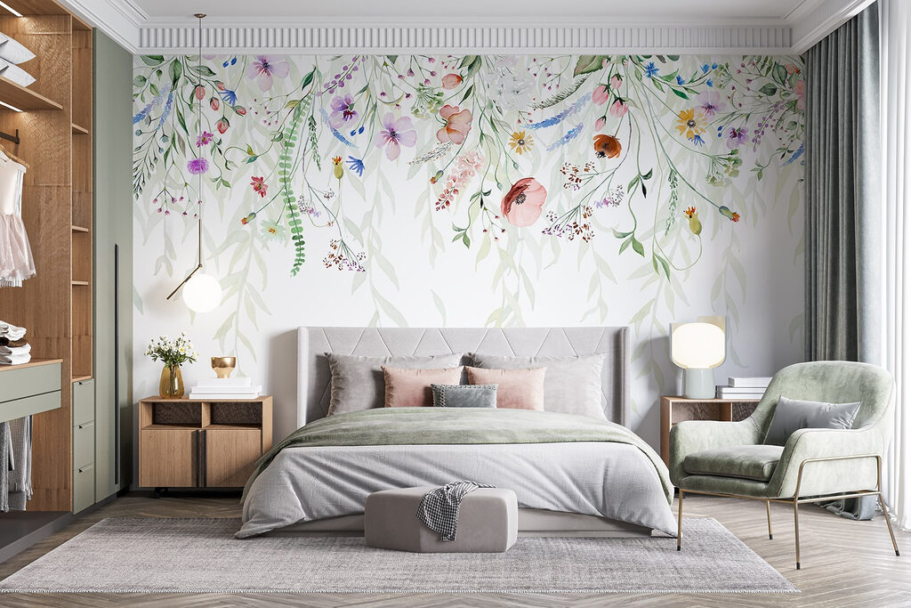 Watercolor painting of flowers and leaves