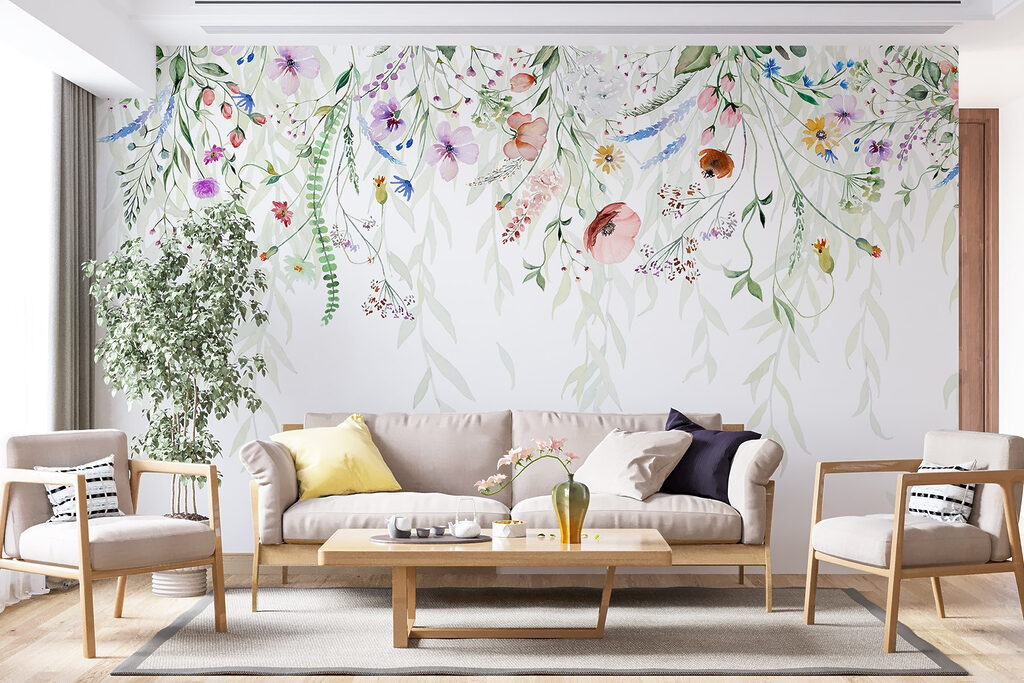 Watercolor painting of flowers and leaves