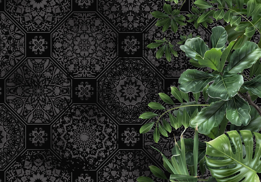 Papel pintado negro y gris con hojas verdes