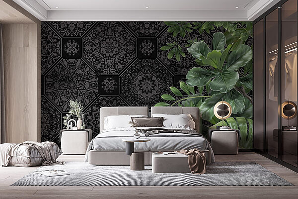Papel pintado negro y gris con hojas verdes Papel pintado negro y gris con hojas verdes