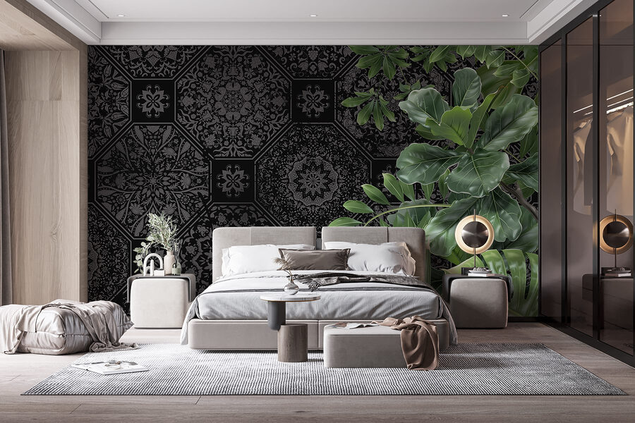 Papel pintado negro y gris con hojas verdes
