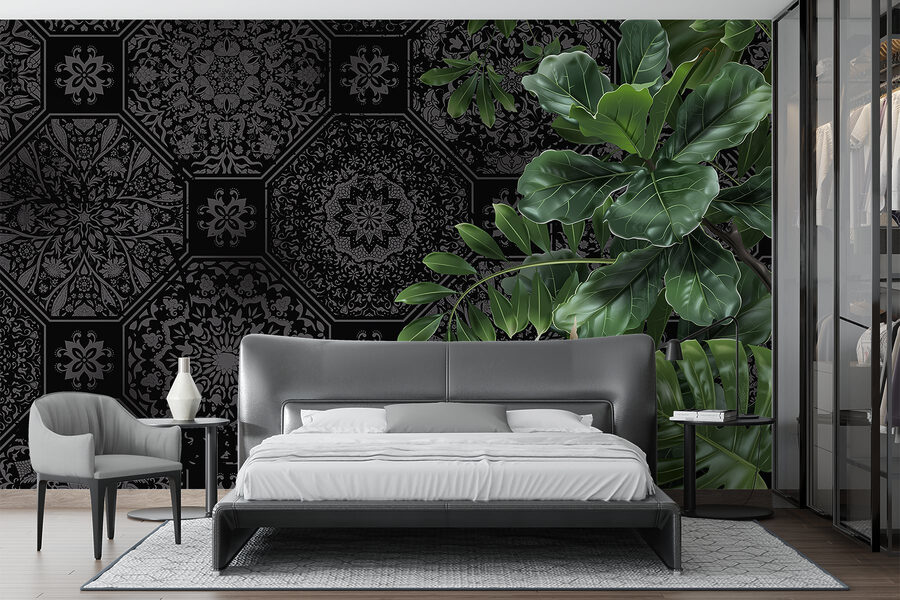 Papel pintado negro y gris con hojas verdes