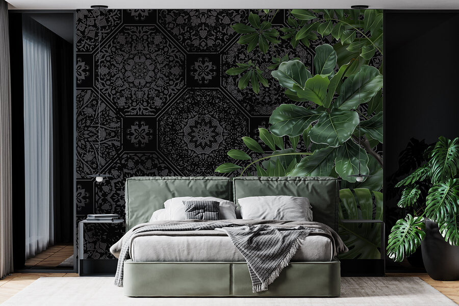 Papel pintado negro y gris con hojas verdes