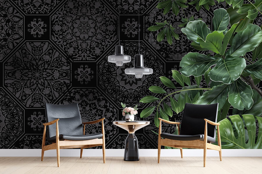 Papel pintado negro y gris con hojas verdes