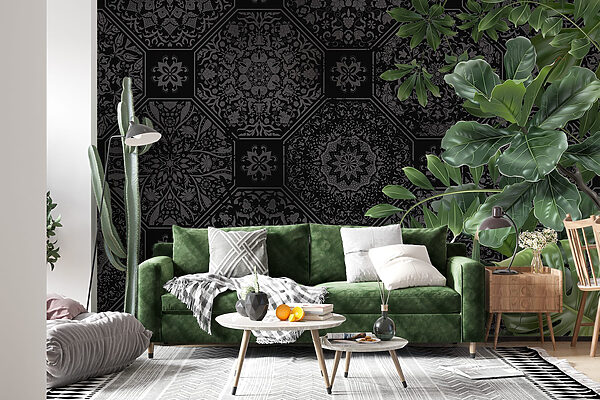 Papel pintado negro y gris con hojas verdes Papel pintado negro y gris con hojas verdes