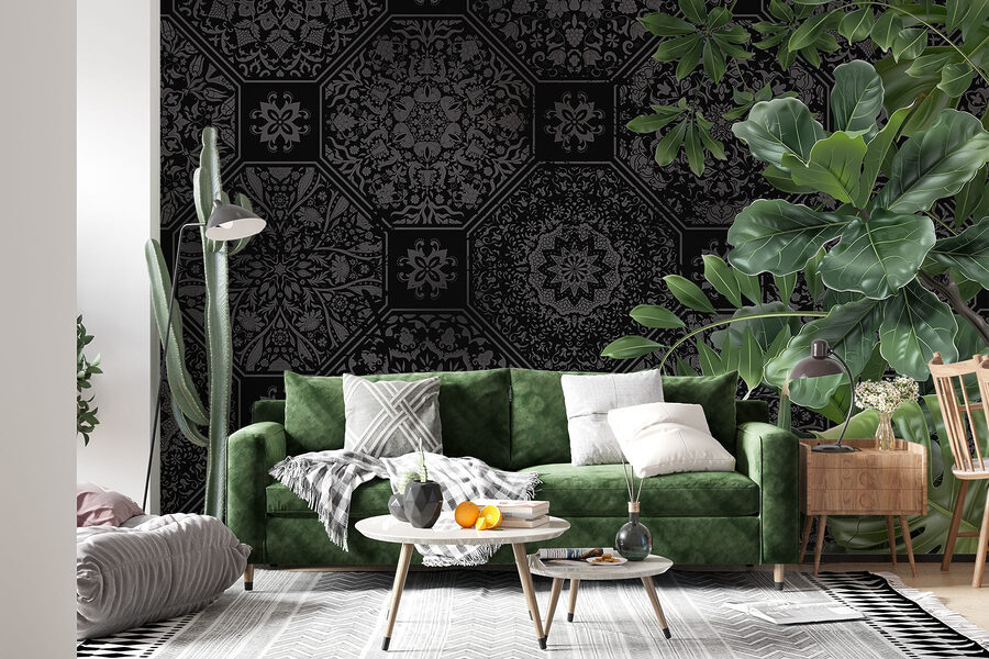 Papel pintado negro y gris con hojas verdes