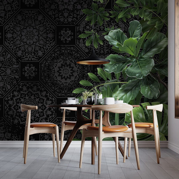 Papel pintado negro y gris con hojas verdes Papel pintado negro y gris con hojas verdes