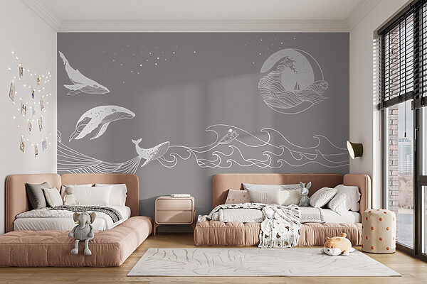 Fotomurales Fotomurales Ballena y ballena en el mar (SKU: w02774)