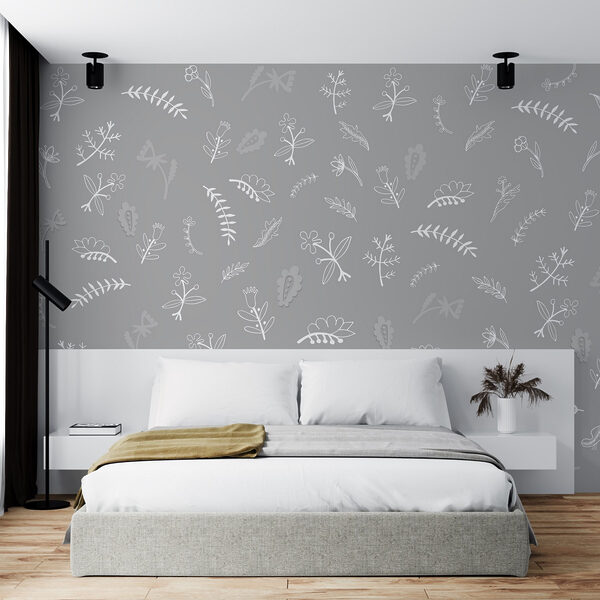 Fondo gris con flores y hojas blancas Fondo gris con flores y hojas blancas