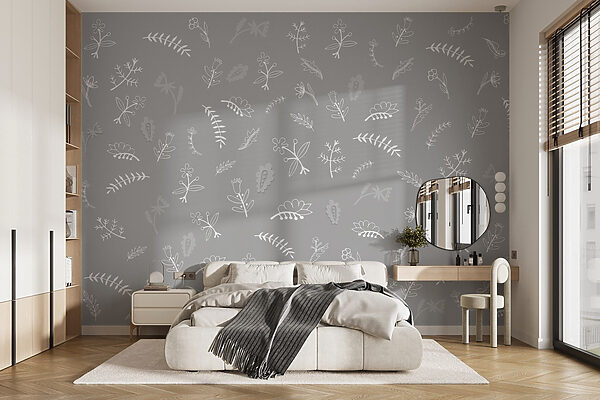 Fondo gris con flores y hojas blancas Fondo gris con flores y hojas blancas