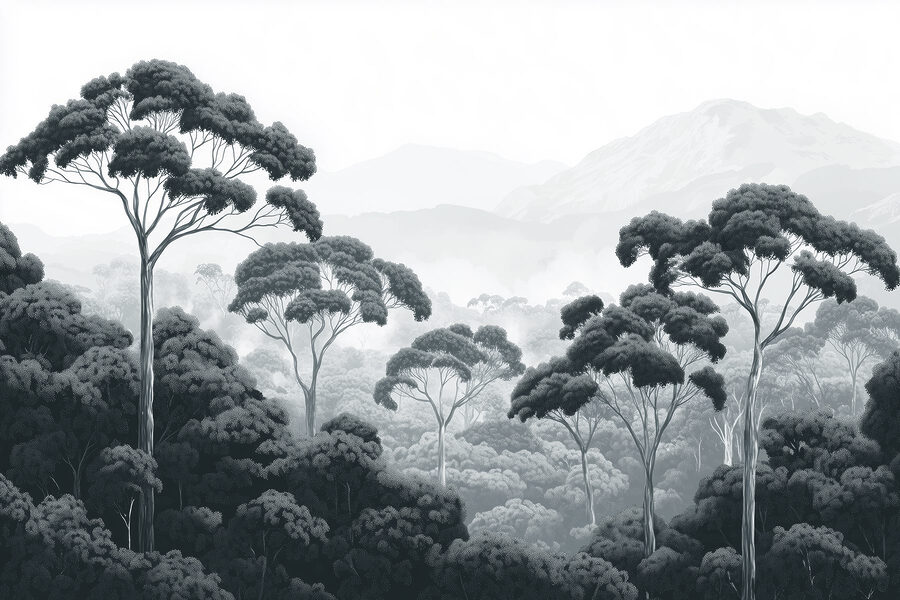 Bosque con árboles y montañas al fondo