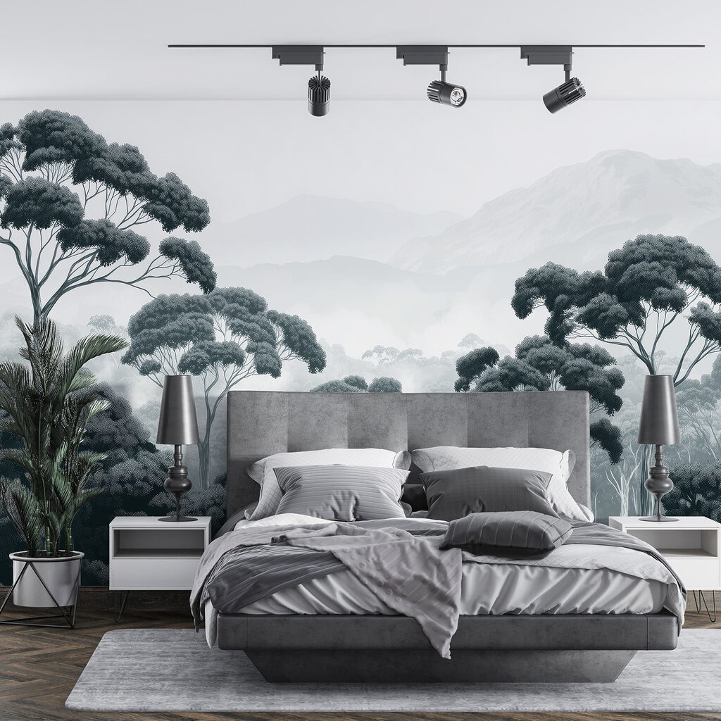 Forest with trees and mountains in the background Forest with trees and mountains in the background