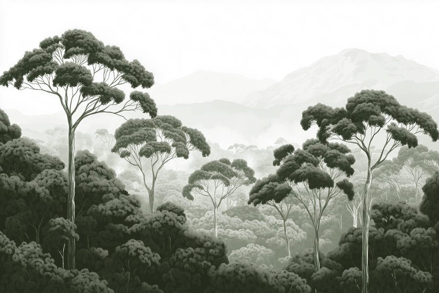 Bosque con árboles y montañas al fondo