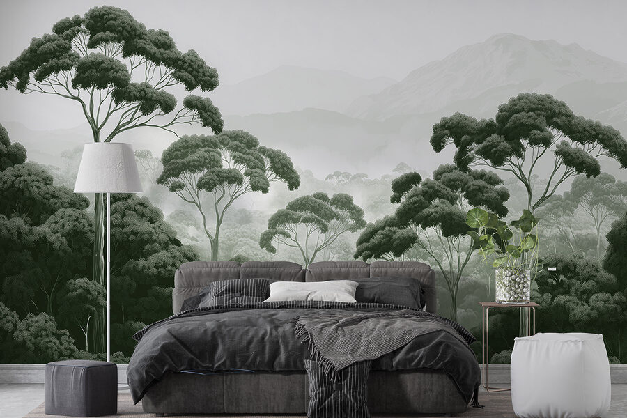 Bosque con árboles y montañas al fondo