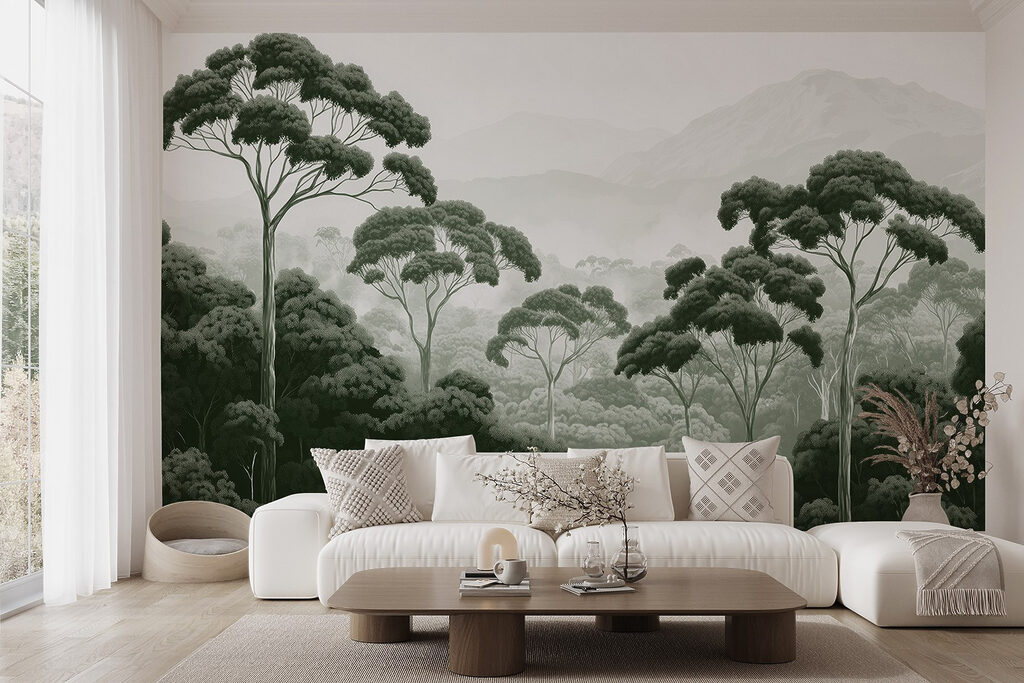 Forest with trees and mountains in the background