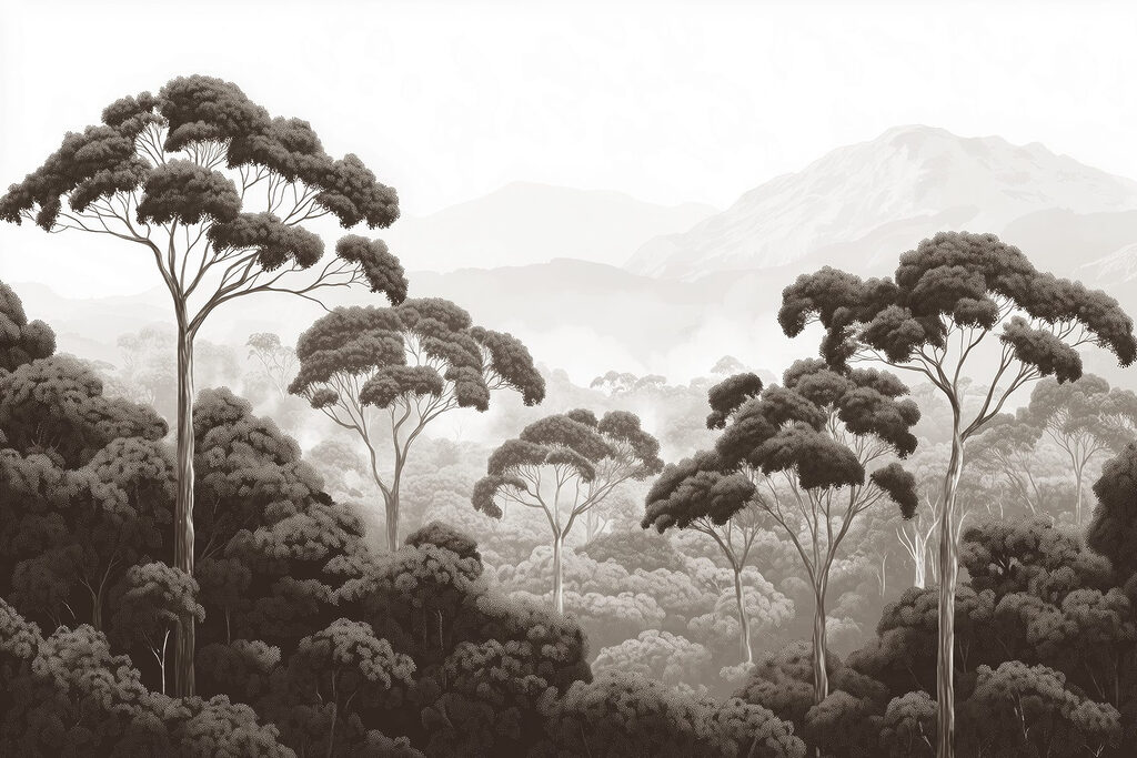 Bosque con árboles y montañas al fondo Bosque con árboles y montañas al fondo