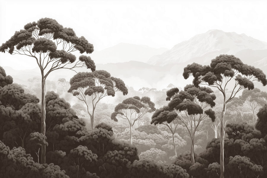 Bosque con árboles y montañas al fondo