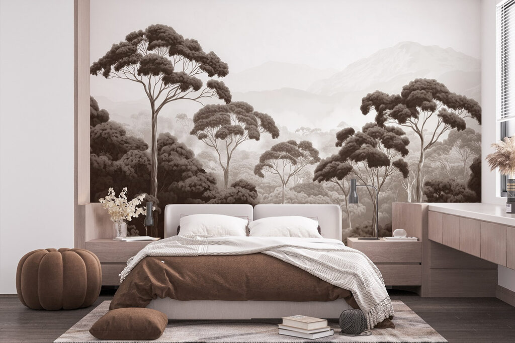 Forest with trees and mountains in the background