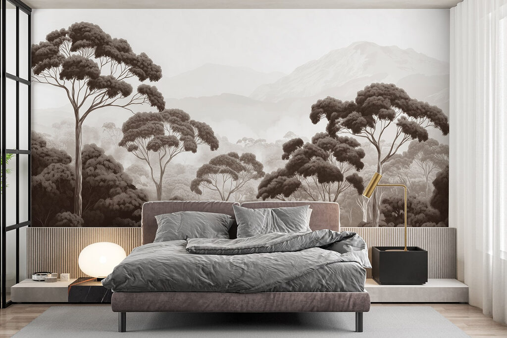 Forest with trees and mountains in the background