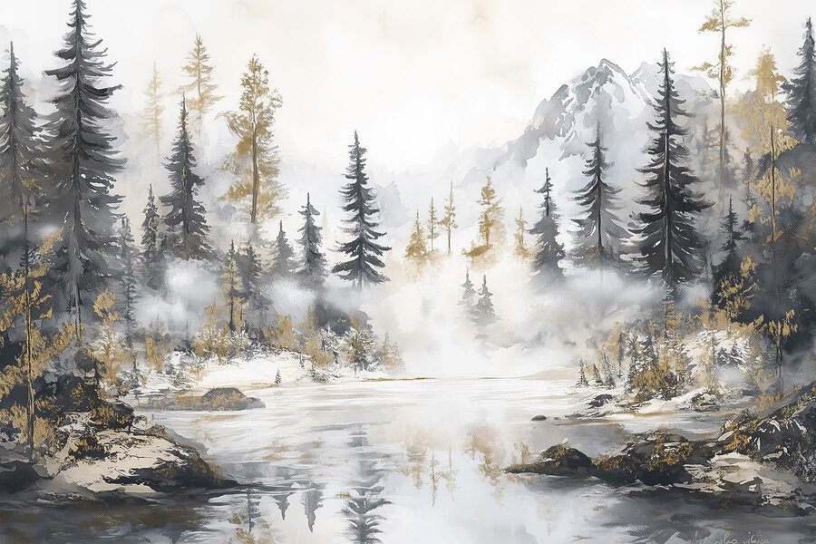 Acuarela de un bosque y montañas