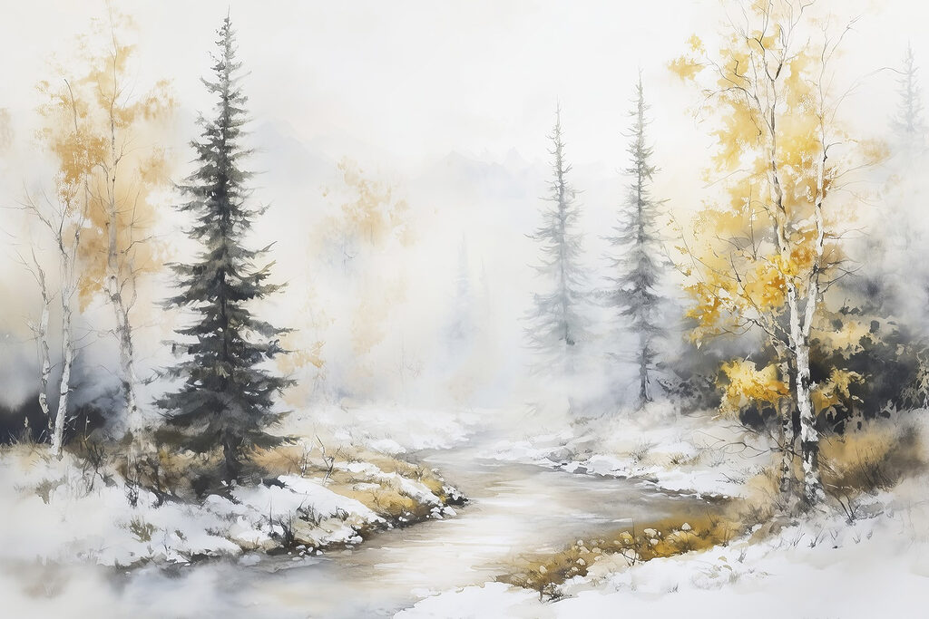Acuarela de un río con árboles y nieve Acuarela de un río con árboles y nieve