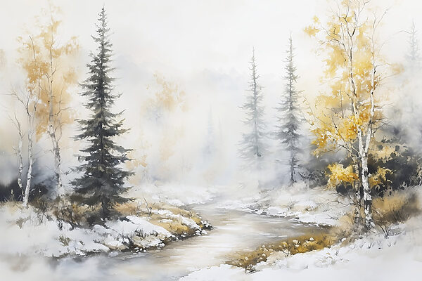 Acuarela de un río con árboles y nieve Acuarela de un río con árboles y nieve