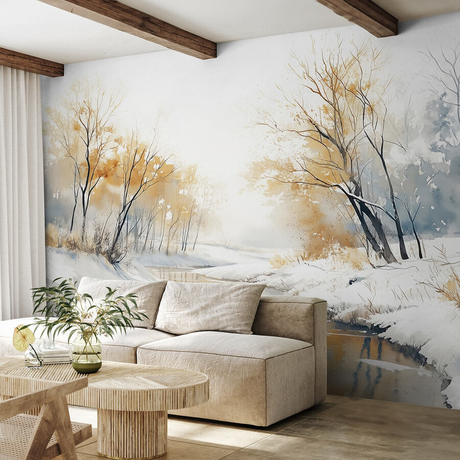 Río con nieve y árboles