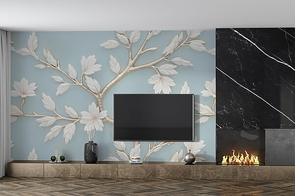 Fotomurales Fotomurales Árbol con hojas y flores blancas (SKU: w02842)