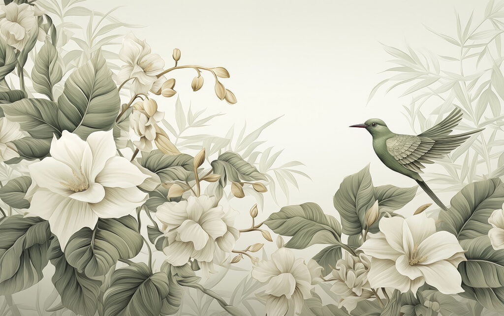 Pájaro en una rama con flores Pájaro en una rama con flores