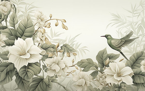 Pájaro en una rama con flores Pájaro en una rama con flores