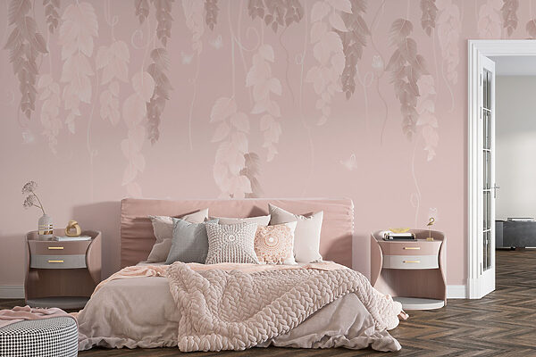 Fondo rosa y blanco con hojas y mariposas Fondo rosa y blanco con hojas y mariposas
