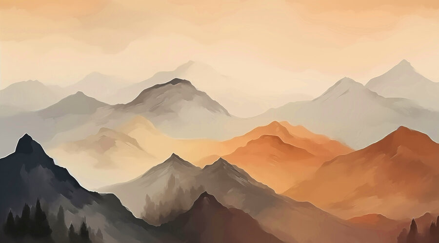 Pintura de montañas en la niebla