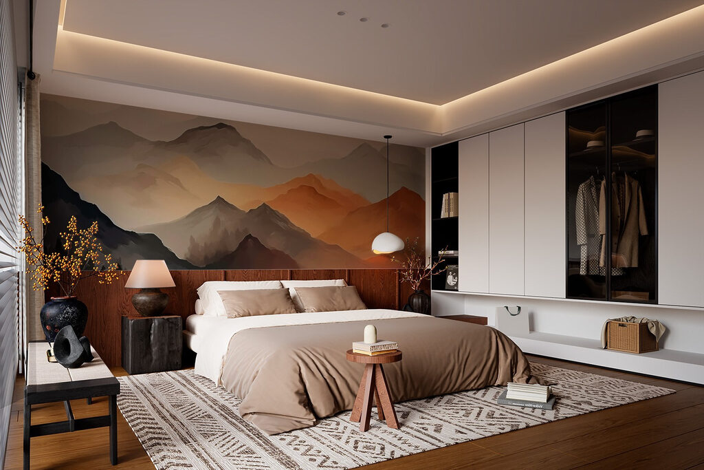 Painting of mountains in the fog Painting of mountains in the fog