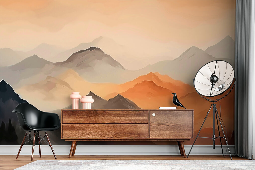 Painting of mountains in the fog Painting of mountains in the fog