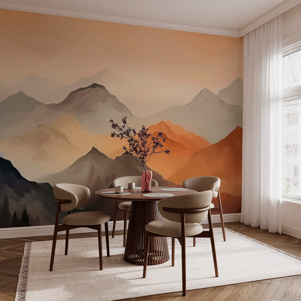 Painting of mountains in the fog Painting of mountains in the fog