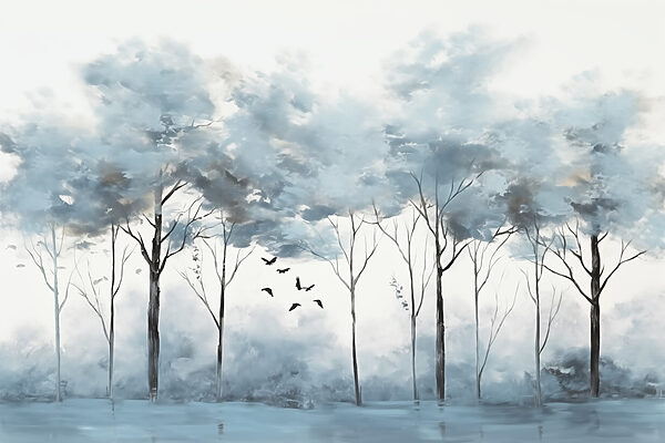 Group of trees with birds flying in the air
