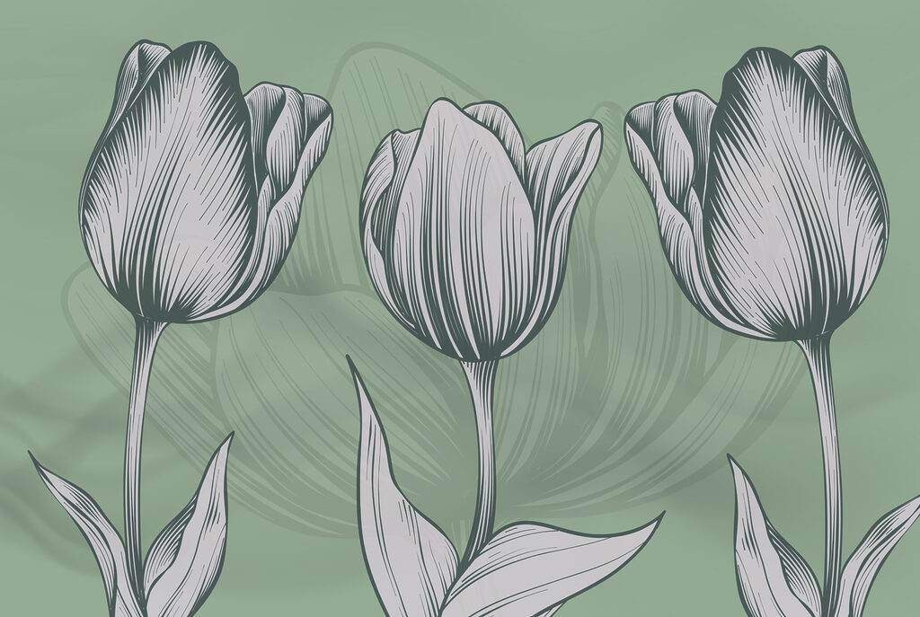 Línea de flores sobre fondo verde Línea de flores sobre fondo verde