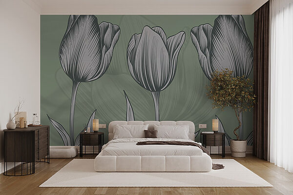 Línea de flores sobre fondo verde Línea de flores sobre fondo verde