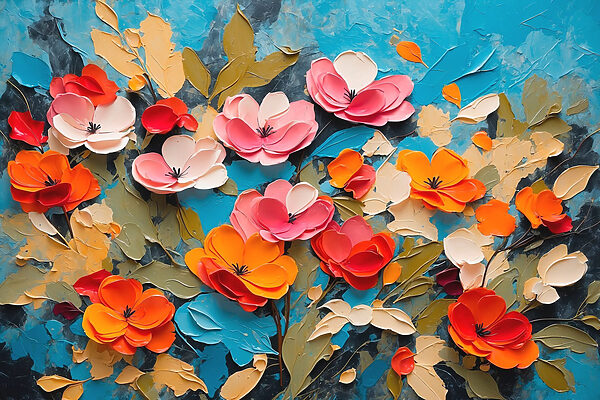 Painting of flowers on a blue surface Painting of flowers on a blue surface