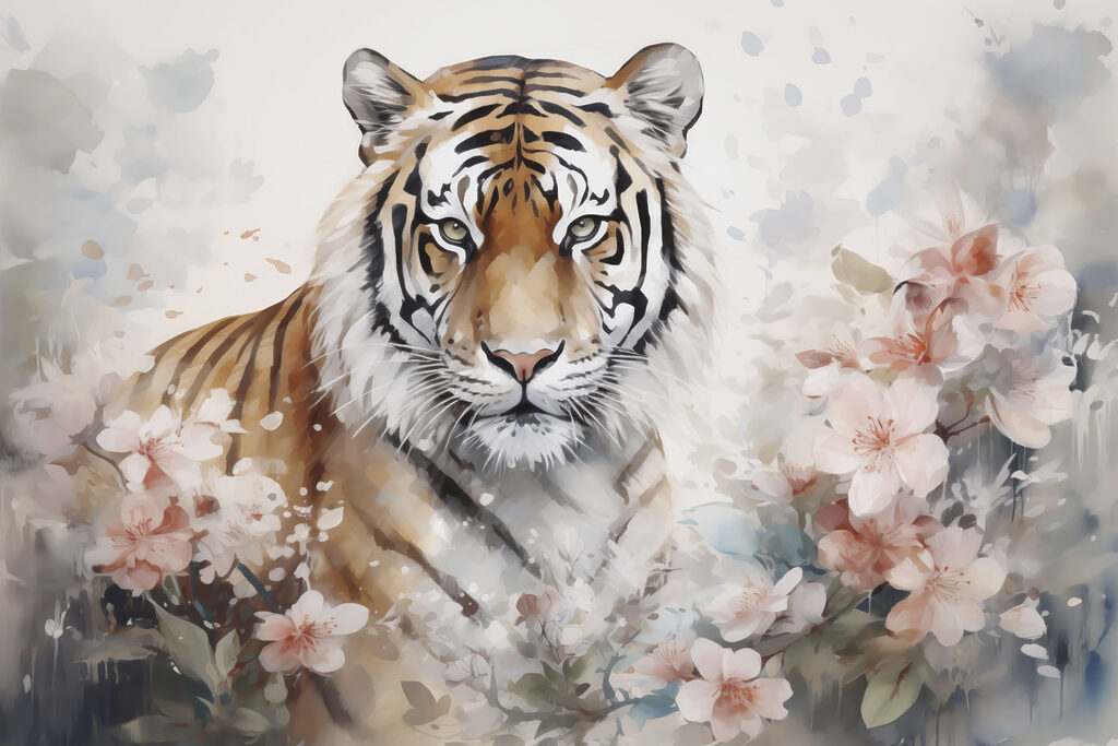Tigre en un jardín florido Tigre en un jardín florido
