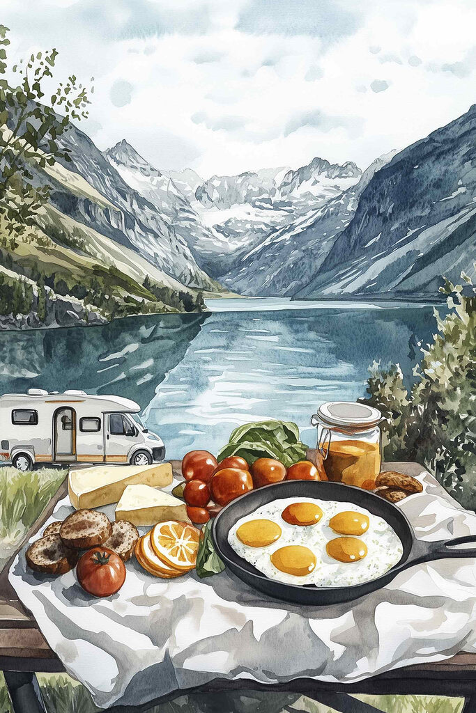 Food on a table next to a lake Food on a table next to a lake