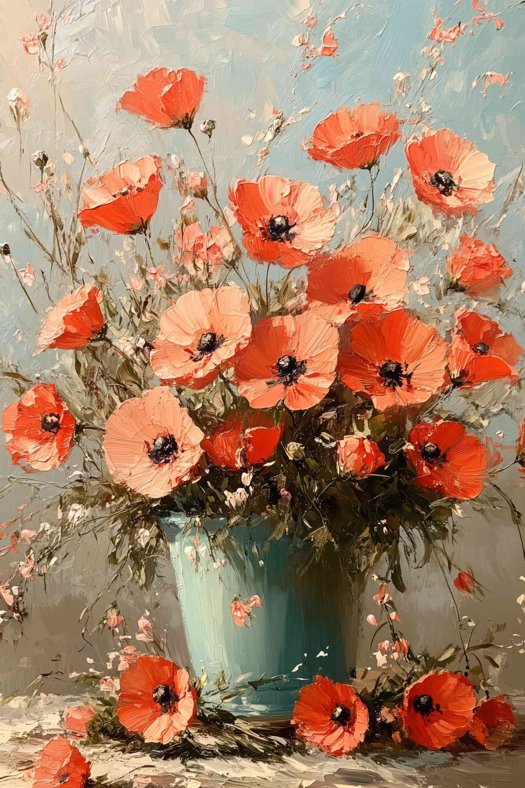 Painting of flowers in a blue vase Painting of flowers in a blue vase