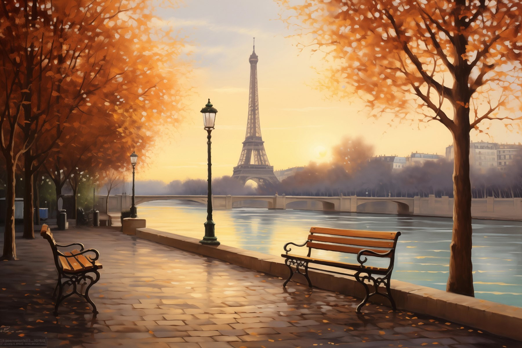 Bench and a river with trees and a tower in the background Bench and a river with trees and a tower in the background