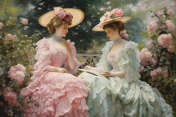 Painting of women in dresses and hats Painting of women in dresses and hats